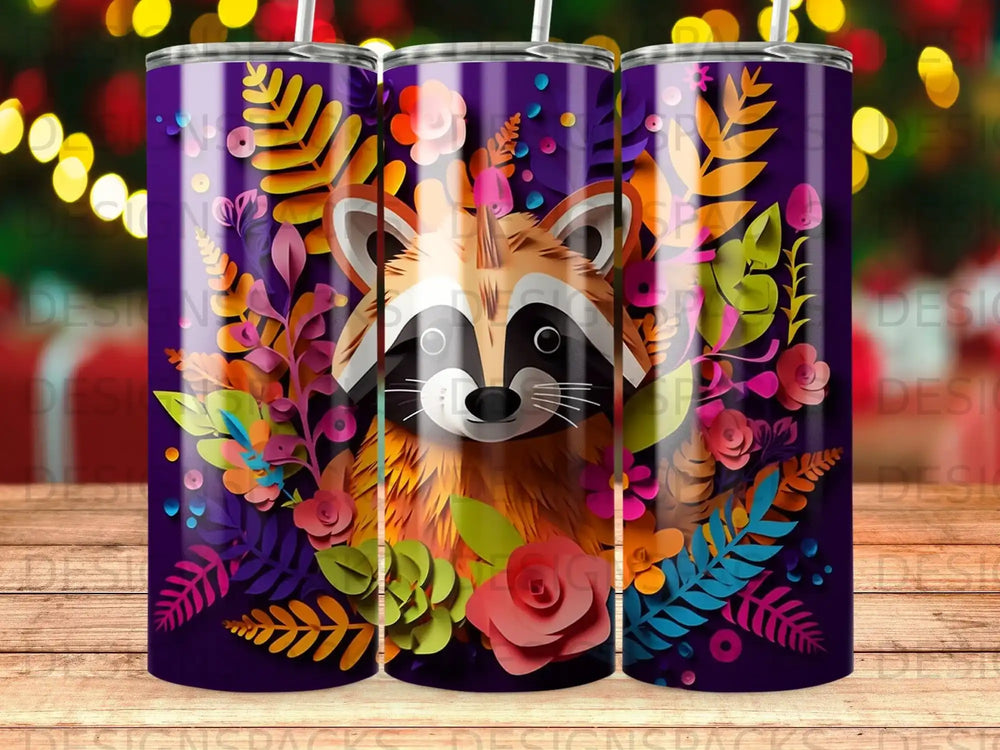 Purple tumbler with raccoon and colorful floral design.