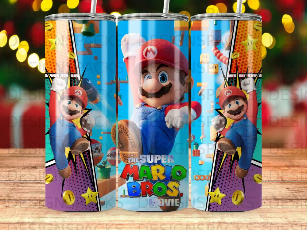 Super Mario Bros. Movie tumbler with Mario in action.