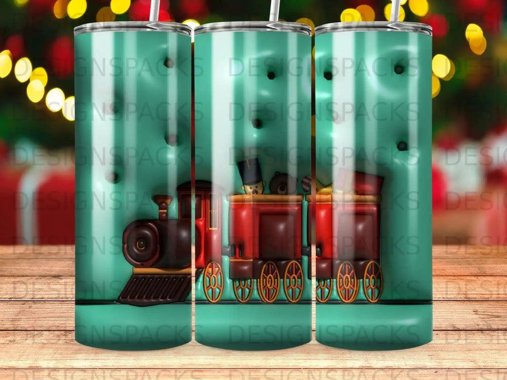 Red toy train with green teal background and repeating "DESIGNSPACKS" watermark.