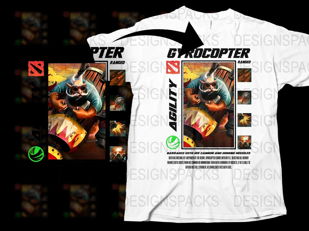 Gyrocopter Graphic Tee, Dota 2 Inspired T-Shirt, Gamer Clothing, Men's Fashion, Unique Video Game Apparel