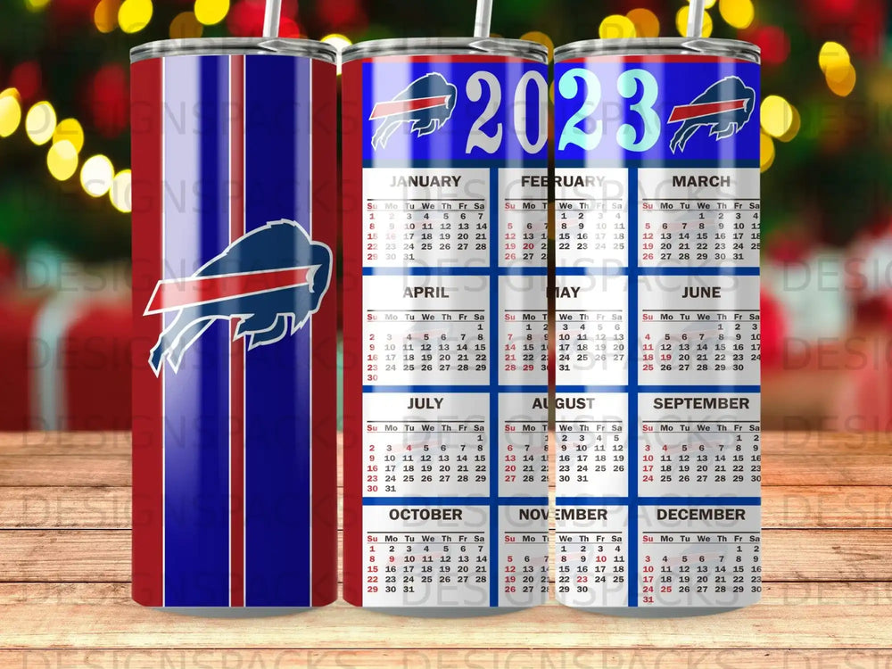 Buffalo Bills 2023 calendar wrap around tumbler with team logo.