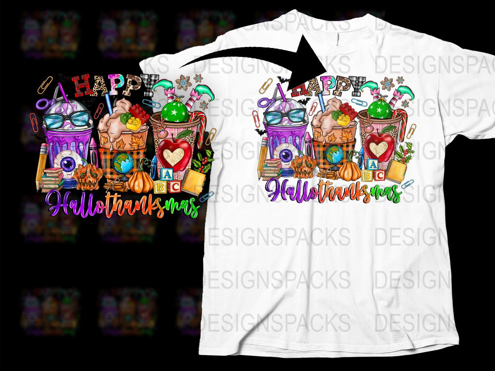 Happy Hallowthanksmas T-Shirt, Fun Holiday Celebration Tee, Unique Fall Winter Design, Unisex Adult Clothing