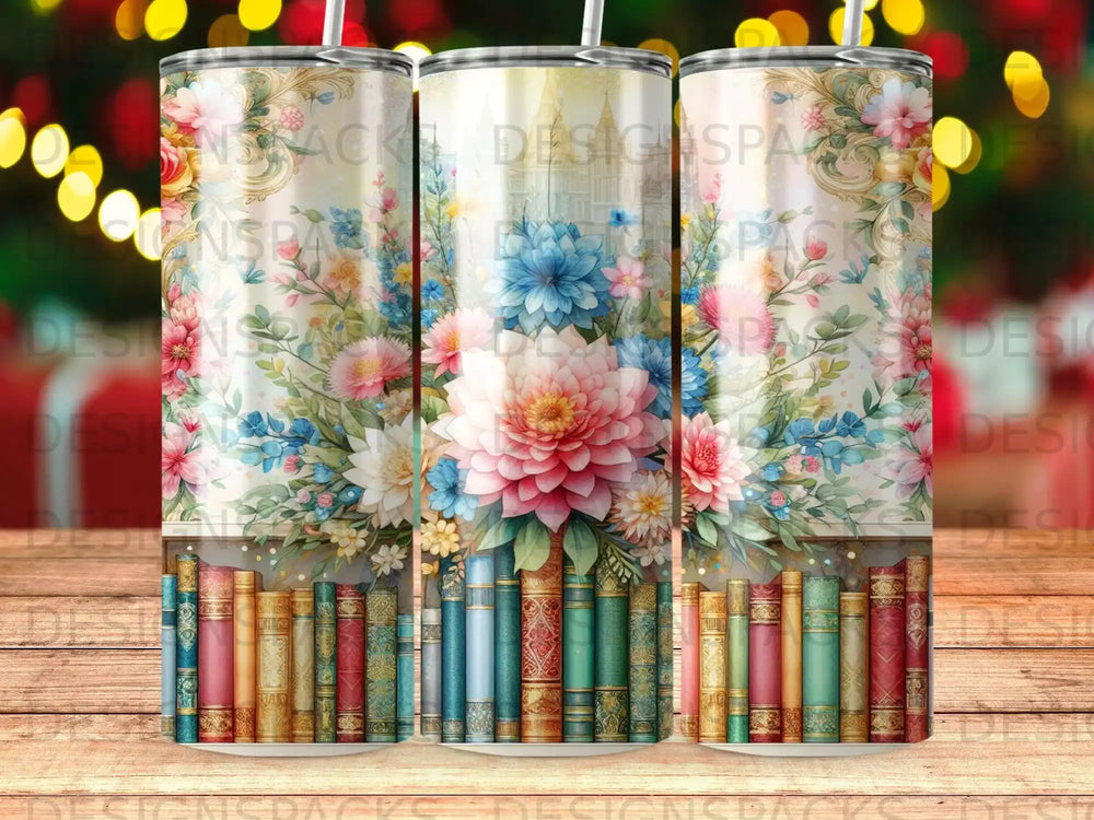 Three tumblers with floral and vintage book designs.