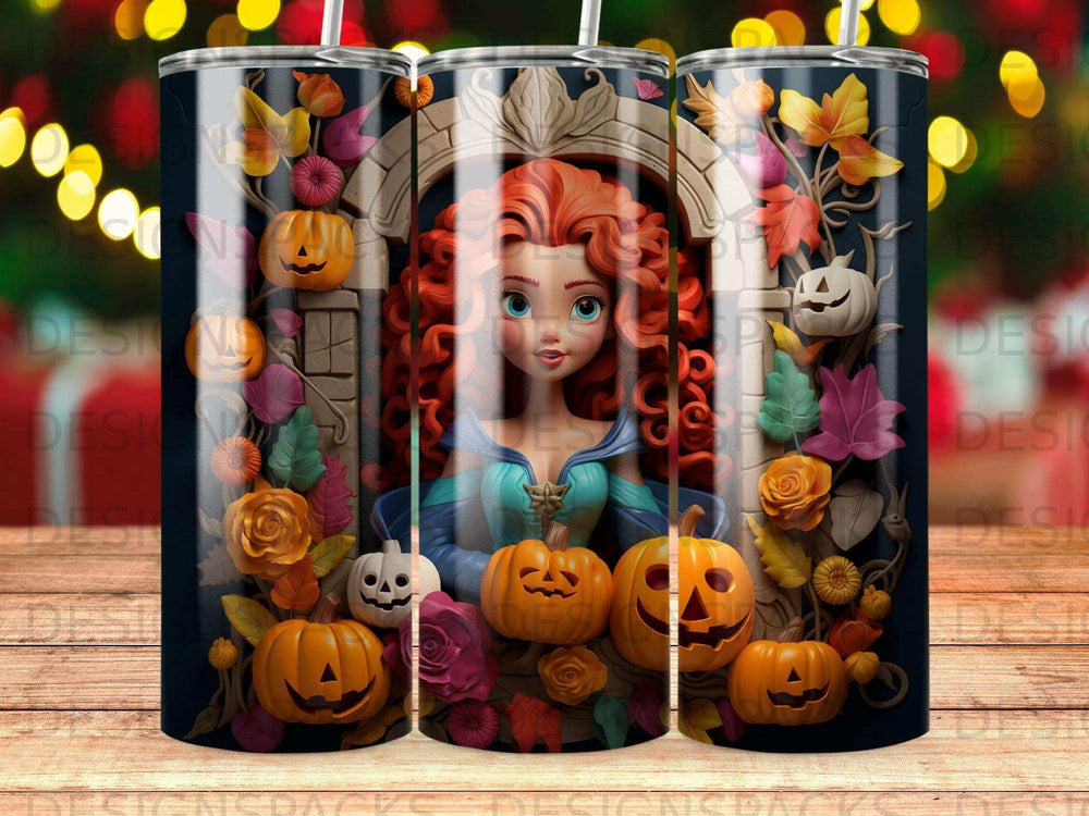 Merida from Brave surrounded by pumpkins and autumn leaves.