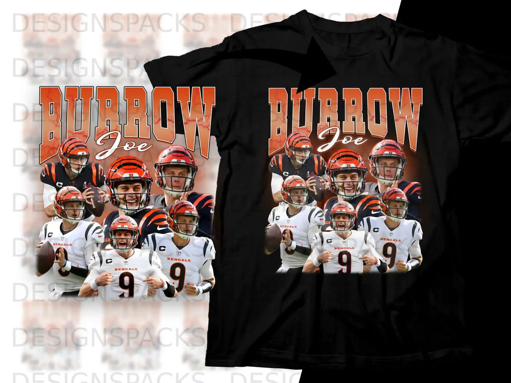 Cincinnati Bengals player Joe Burrow on a black t-shirt.