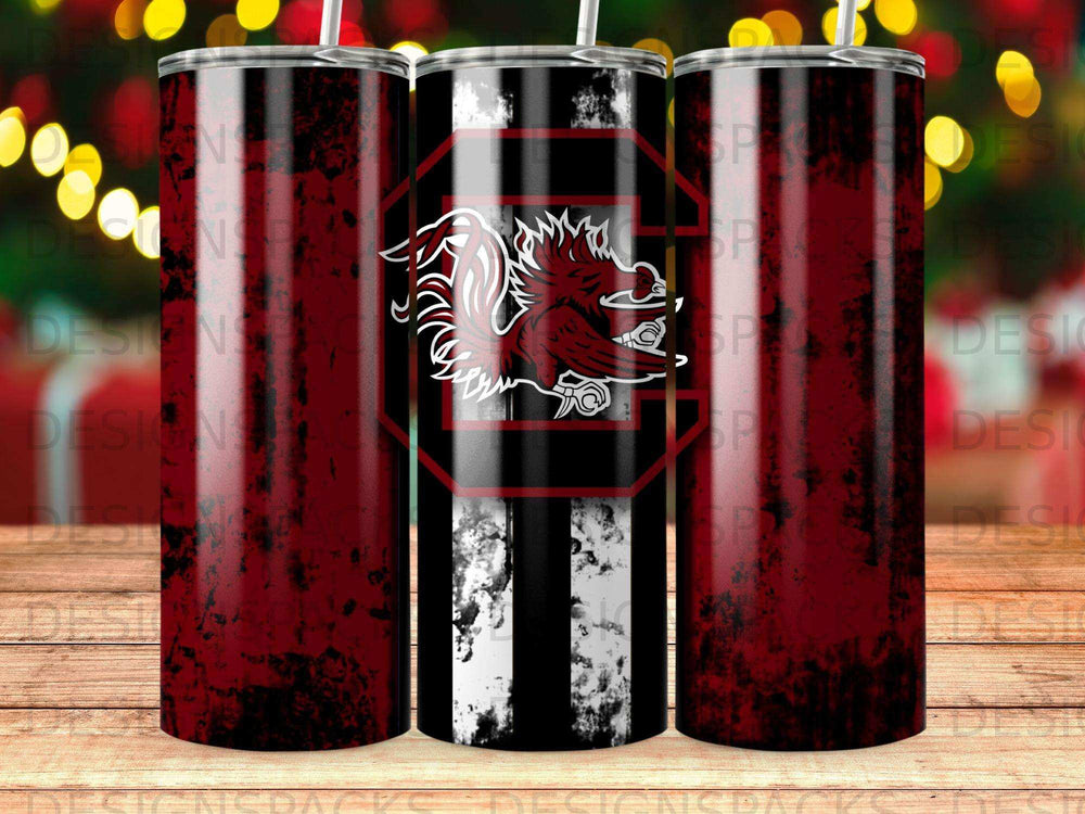 Three tumblers with a dark red and black distressed design featuring a stylized rooster logo.