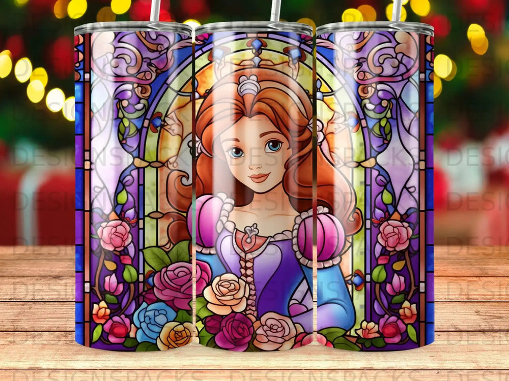Stained glass style tumbler featuring Princess Sofia with floral accents.