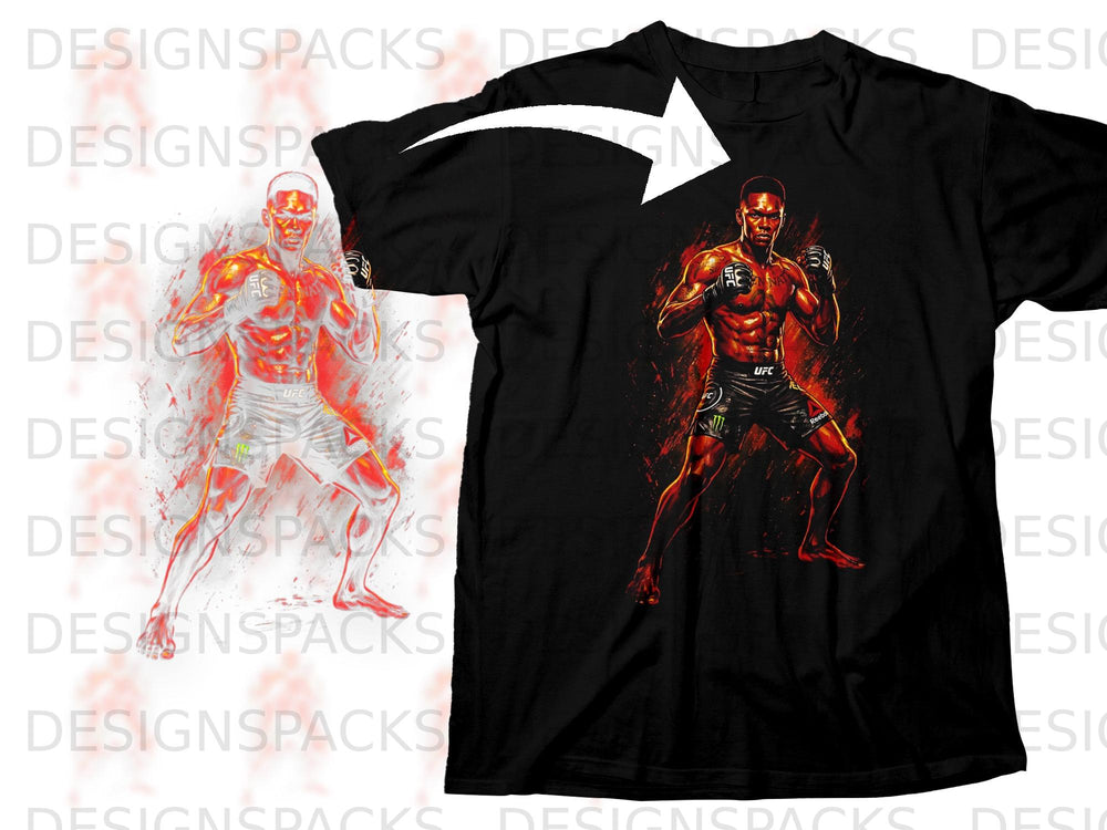 Black t-shirt with graphic of UFC fighter Israel Adesanya in fight stance.