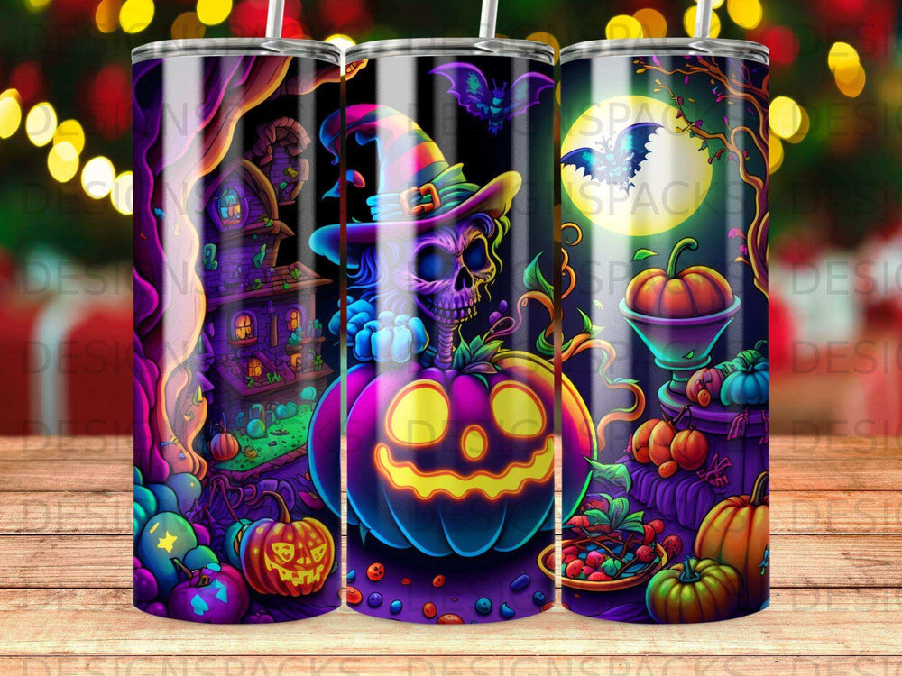 Halloween-themed tumbler with a spooky pumpkin, witch hat, and haunted house.