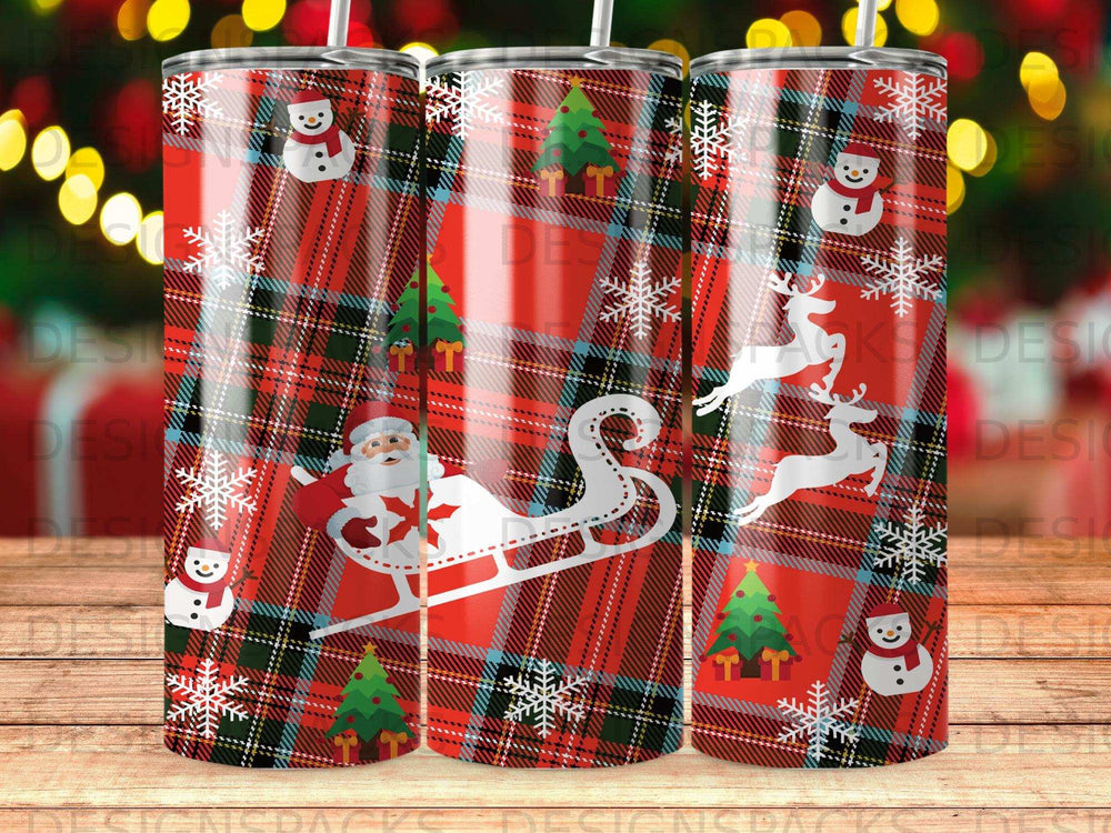 Red plaid tumbler with Santa, sleigh, snowmen, and Christmas trees.