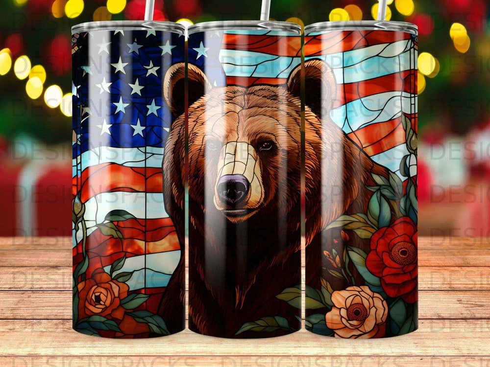 Bear and American flag design on a tumbler with red roses.