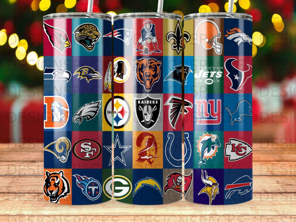 Collage of NFL team logos on cylindrical tumblers.