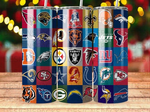 Collage of NFL team logos on cylindrical tumblers.