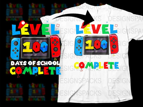 Level 100 Days of School Complete T-Shirt, Colorful Game Controller Graphic Tee, Kids School Celebration Shirt