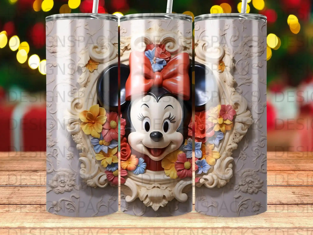 Minnie Mouse with ornate floral frame and red bow.