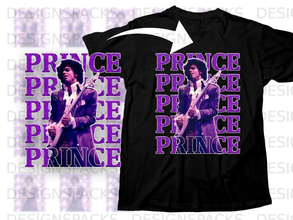 Black t-shirt with "Prince" text and an image of the musician Prince.