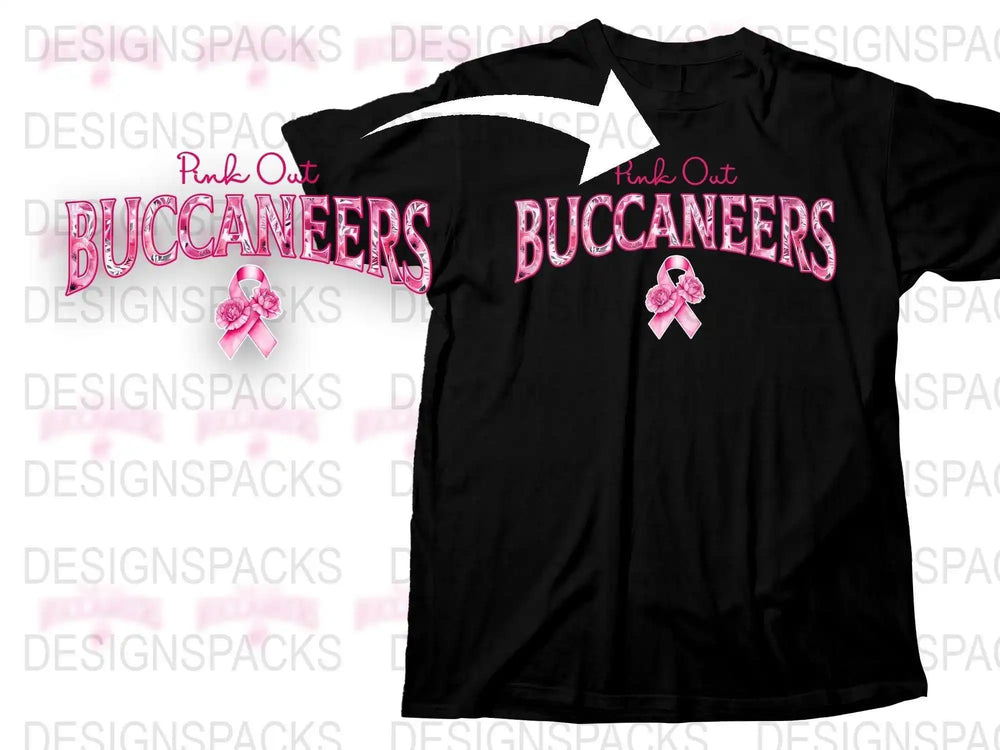 Pink Out Buccaneers Breast Cancer Awareness Black T-Shirt with Ribbon Design