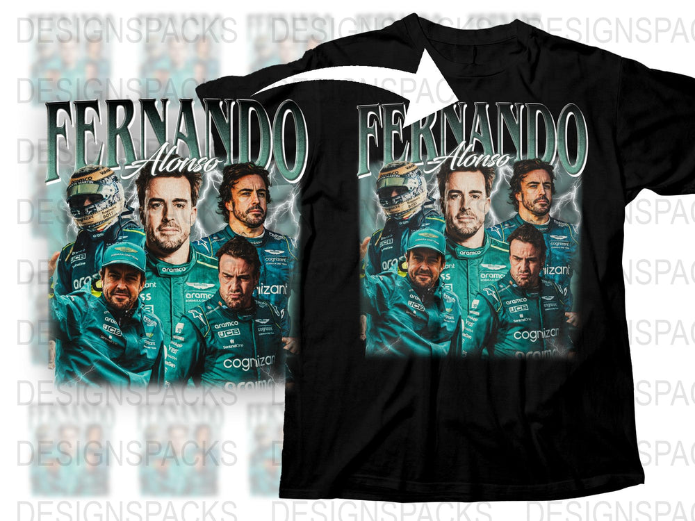 Fernando Alonso Graphic T-Shirt, Formula Racing Fan Apparel, Multiple Poses, Black Tee