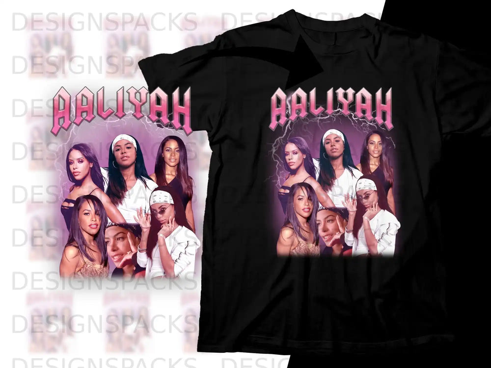 Aaliyah collage graphic on a black t-shirt, with the name "Aaliyah" in pink text.