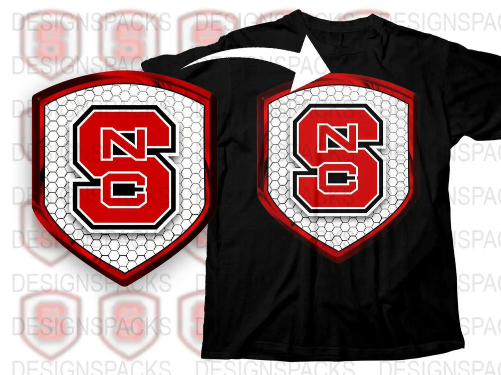NC State Inspired Graphic T-Shirt, Hexagon Pattern, Red and White Logo, Casual Wear for College Sports Fans