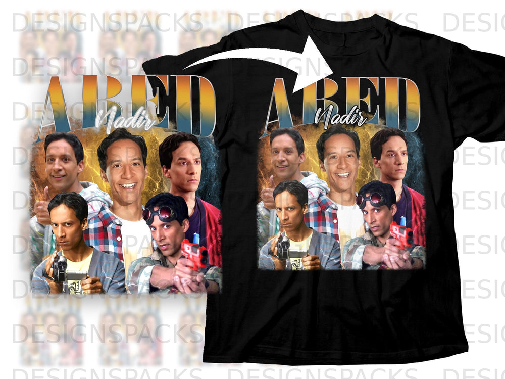 T-shirt with "ABED NADIR" text and collage of Abed from Community.