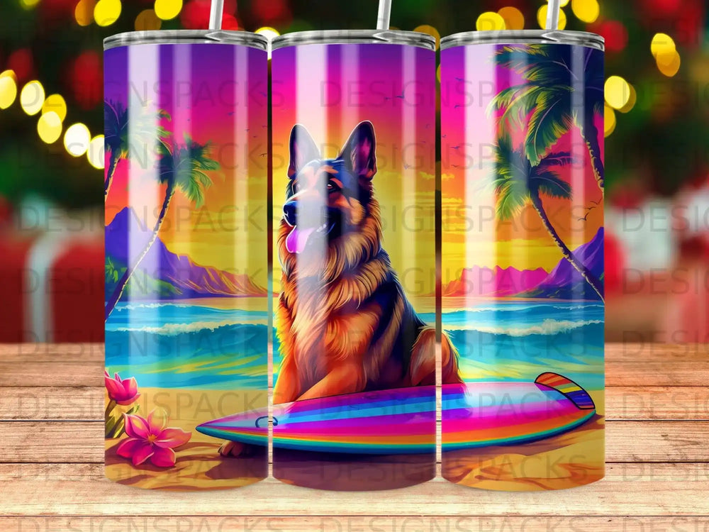 German Shepherd on a rainbow surfboard with a beach sunset background.