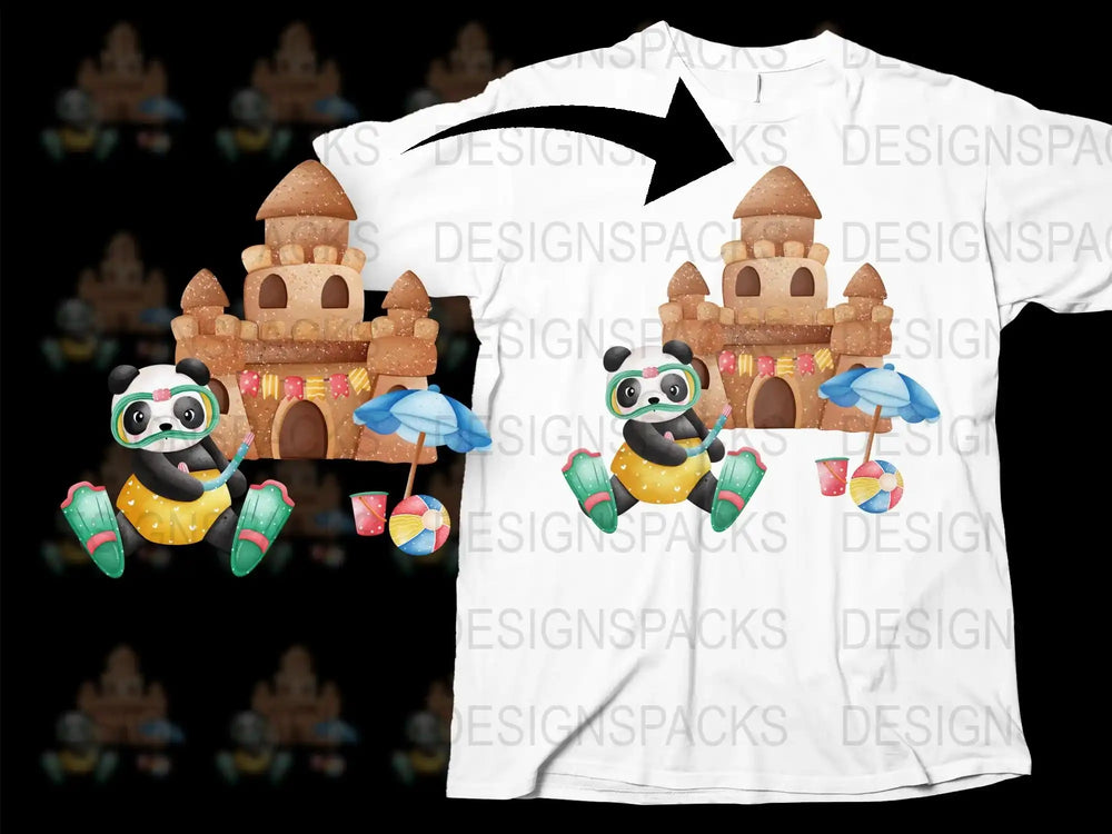Kids Beach Theme T-Shirt, Sand Castle and Raccoon Graphic, Summer Casual Wear, Cute Animal Print, Boys and Girls Top