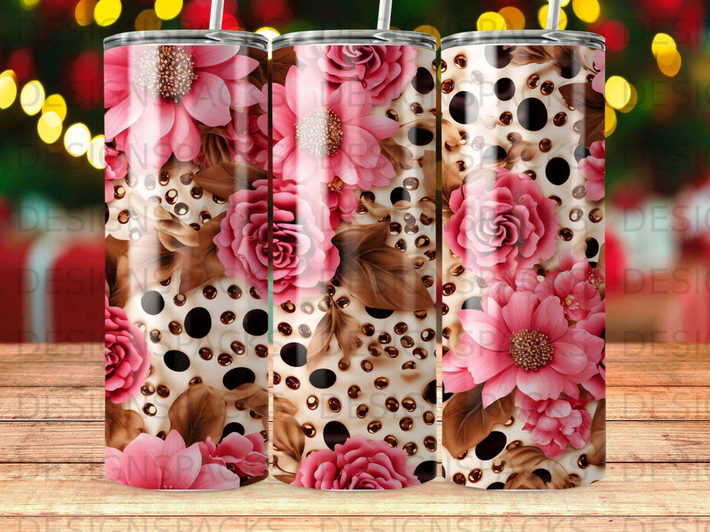 Pink flowers and brown polka dots on a tumbler.