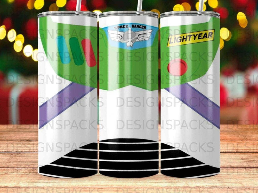 Space Ranger and Lightyear tumbler with colorful design.