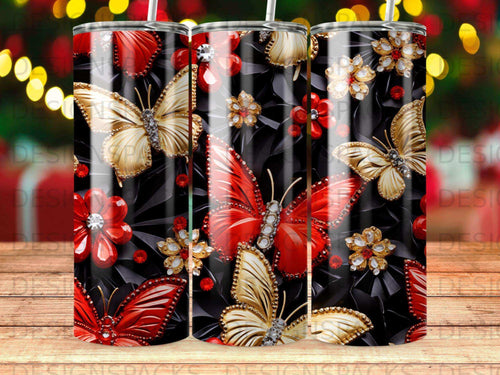 Red and gold butterflies with floral accents on a black background.