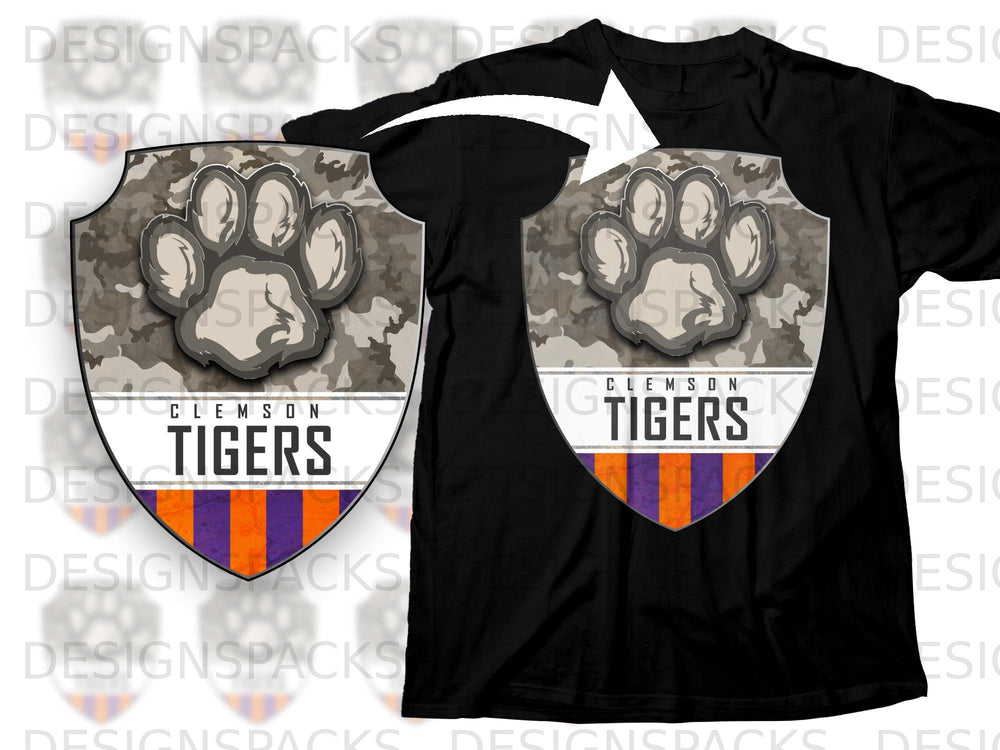 Black t-shirt with Clemson Tigers paw print logo on a camouflage shield.