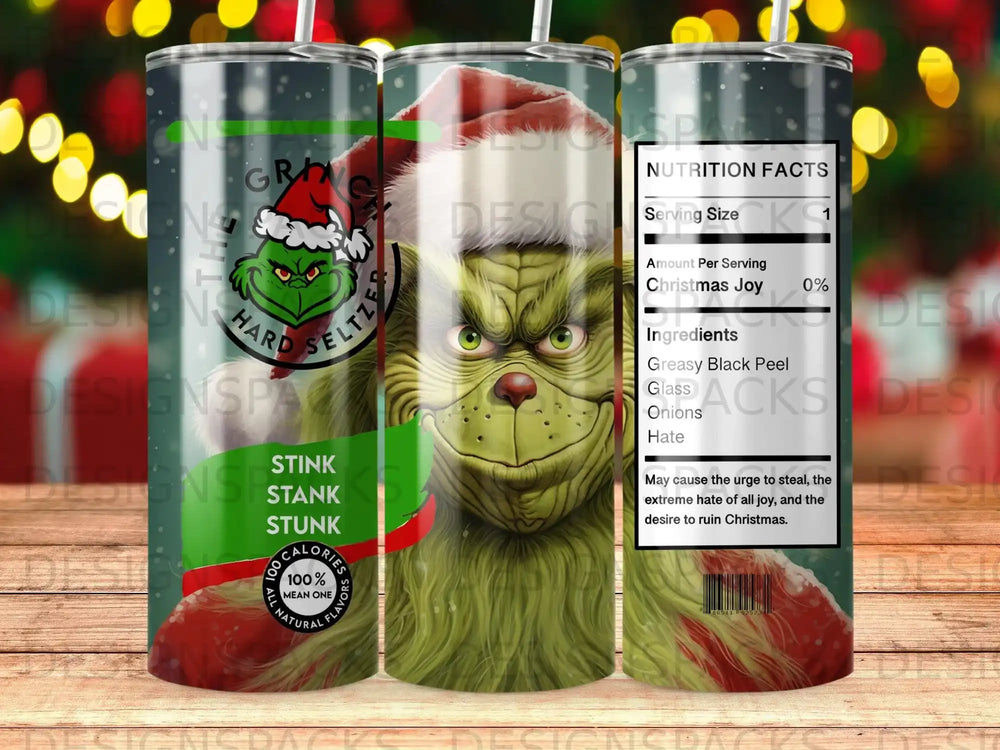 Grinch character on a tumbler, with nutrition facts and "Grinch" branding.