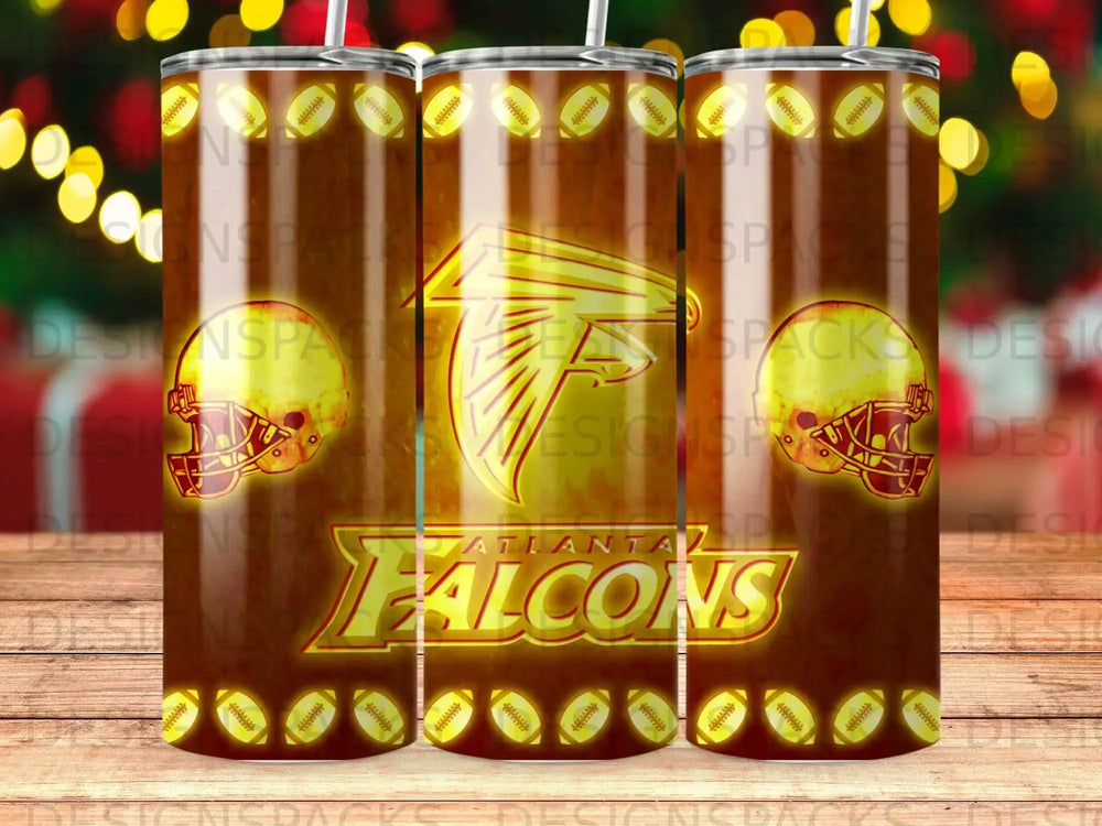 Atlanta Falcons logo on a tumbler with a football pattern.