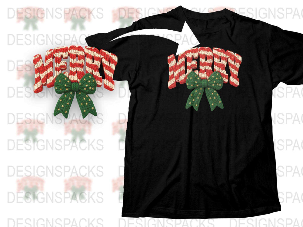 Festive Merry Christmas Candy Cane T-Shirt, Holiday Graphic Tee, Red and Green Bow, Unisex Winter Apparel