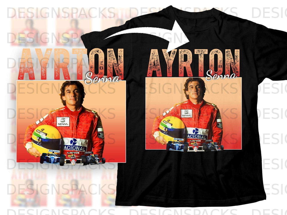 Ayrton Senna on a black t-shirt, with a racing car and "NACIONAL" text.
