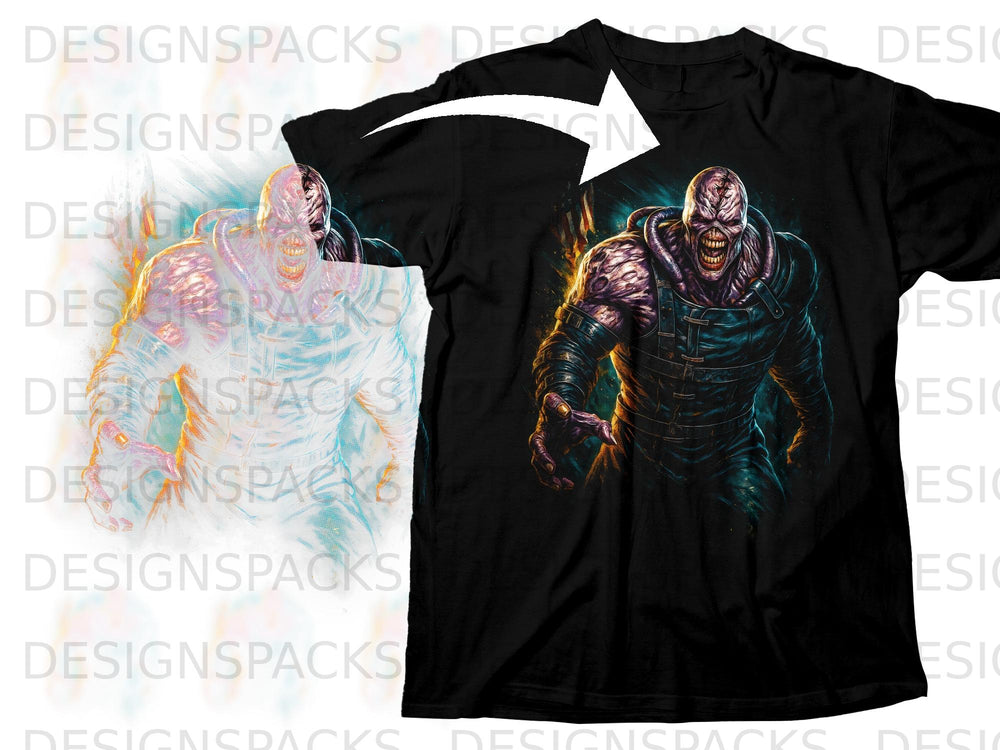 Black t-shirt featuring a full-color graphic of a monstrous creature with sharp teeth.