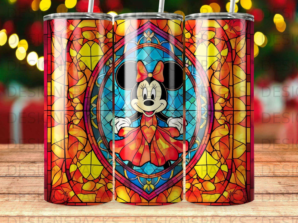 Minnie Mouse in a stained glass window with red, orange, and yellow hues.