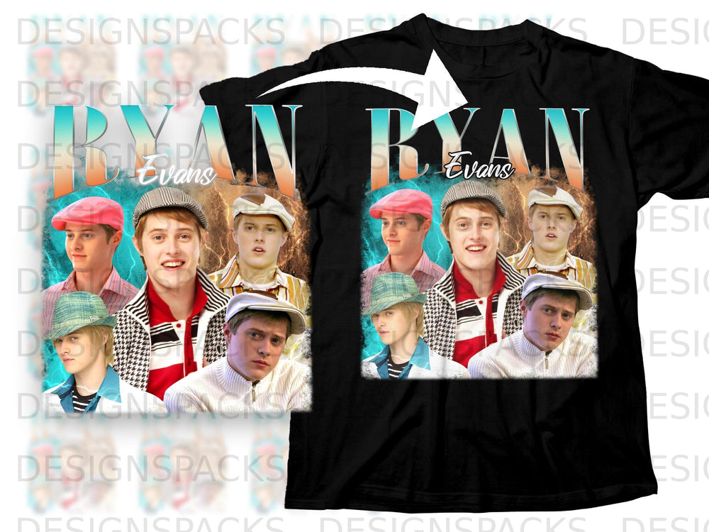 Collage of young men with "RYAN EVANS" text on a black t-shirt.