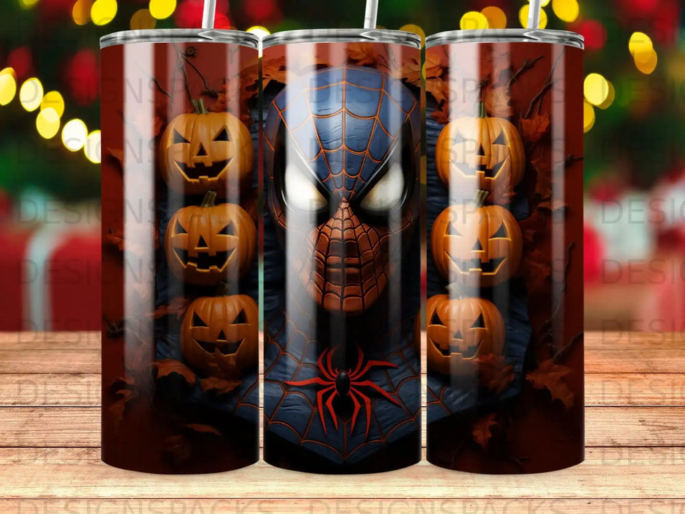 Spider-Man and jack-o'-lanterns design on a tumbler.