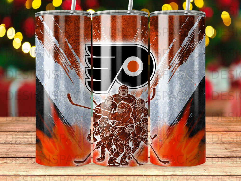 Philadelphia Flyers hockey team logo and players on a orange and white grunge background.