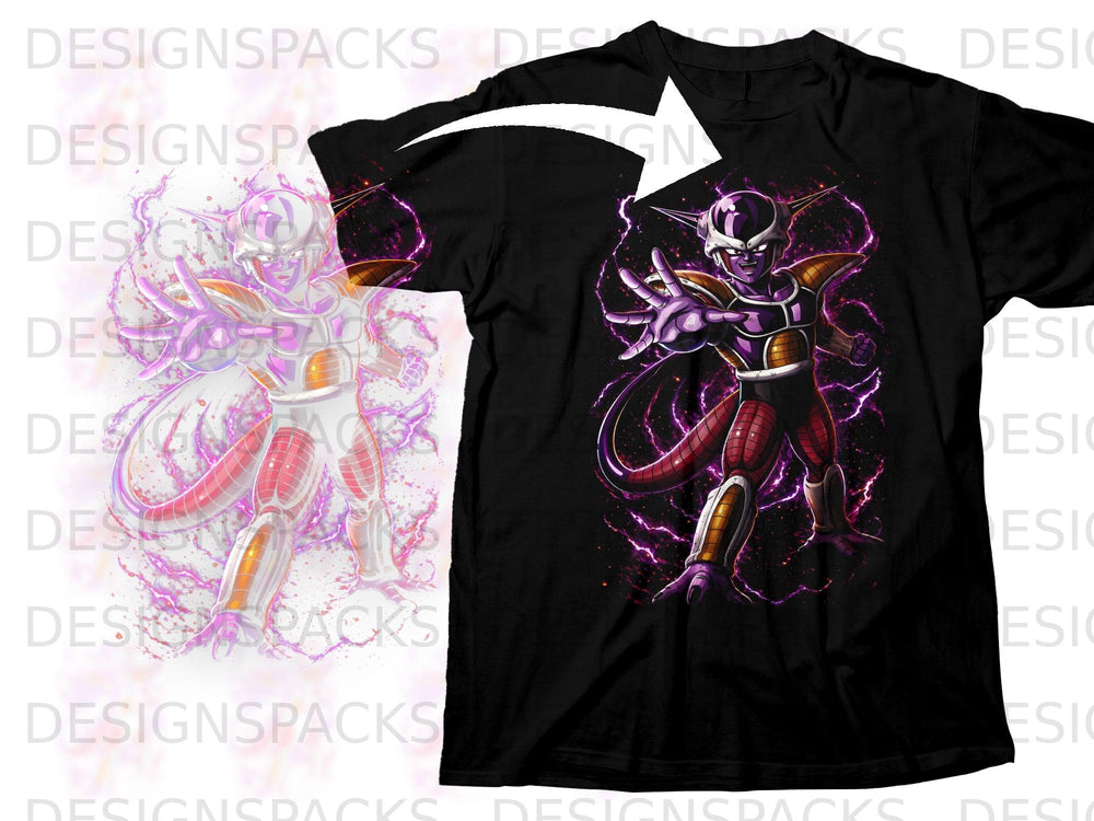 Black t-shirt with purple Frieza character graphic and lightning effects.