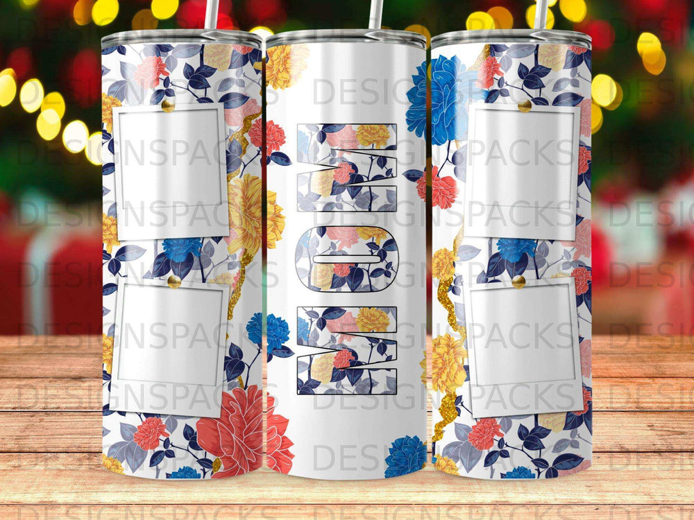 Floral tumbler with "Mom" in block letters.