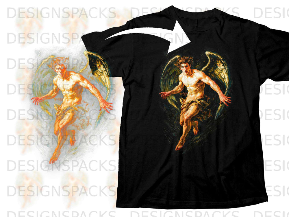 Black t-shirt with a winged male figure art print on the chest.