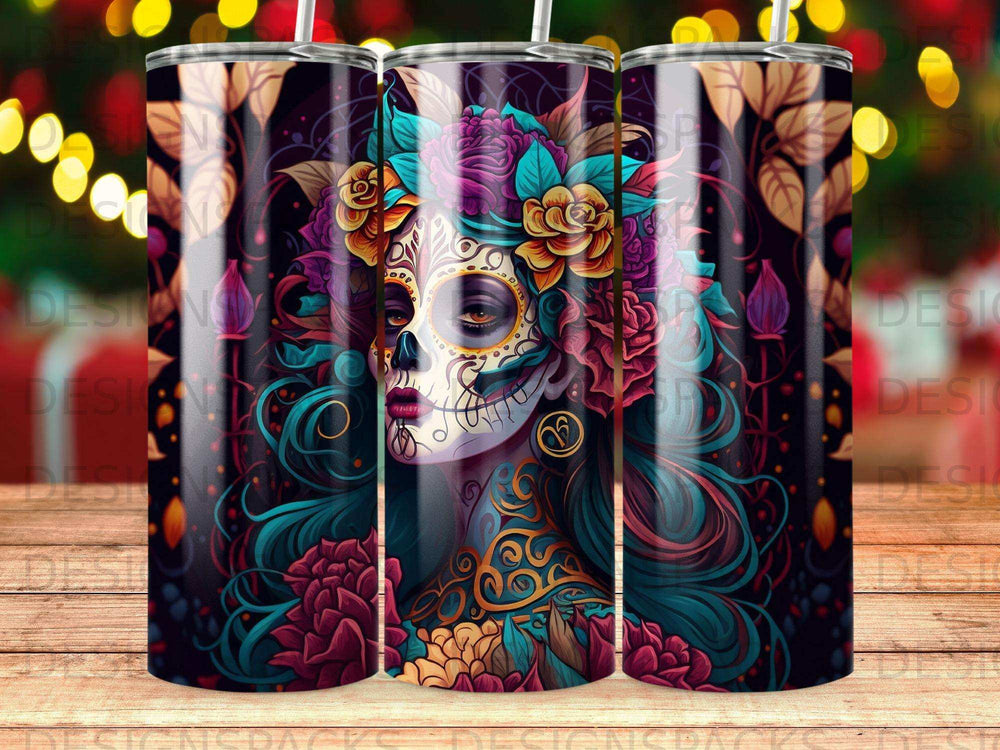 Sugar skull woman with floral headdress and ornate details on a patterned background.