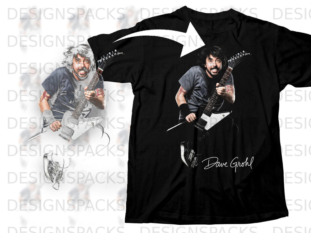 Black t-shirt featuring Dave Grohl playing a white guitar with his signature.