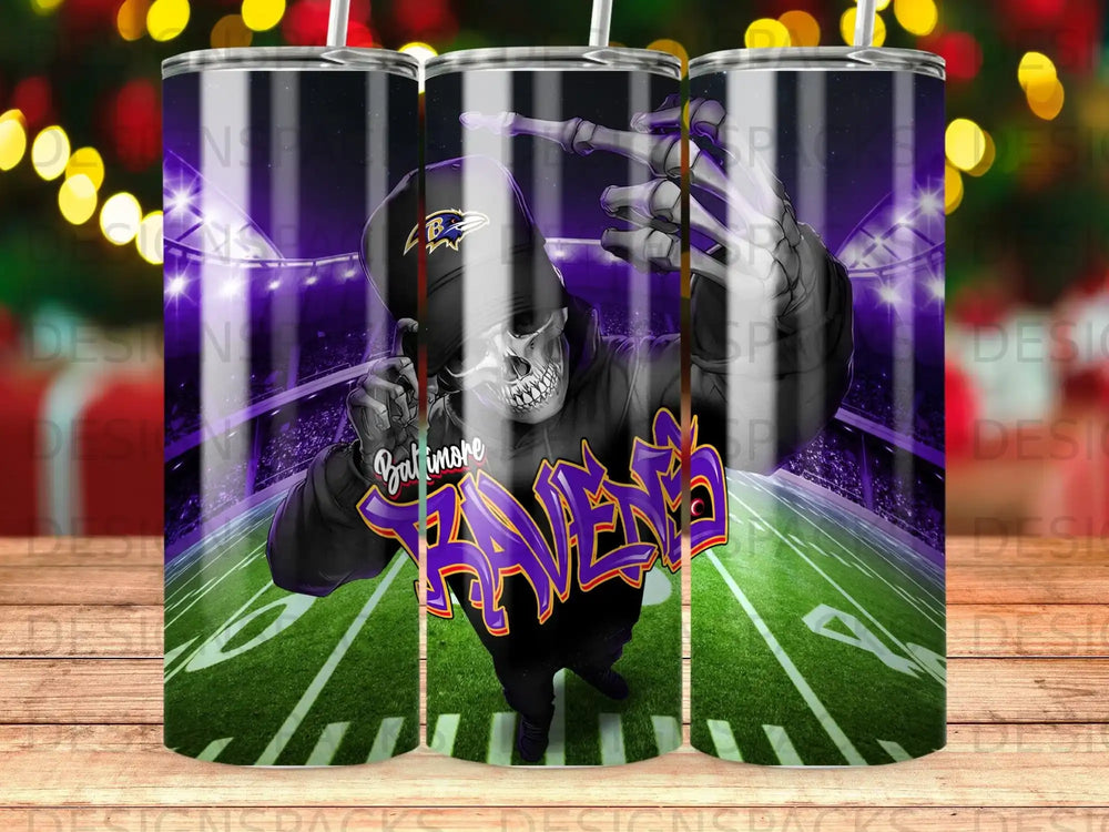 Baltimore Ravens skeleton wearing hoodie with stadium background.