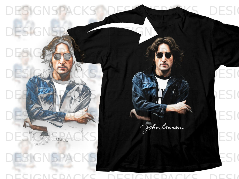 Black t-shirt with John Lennon portrait and signature print.