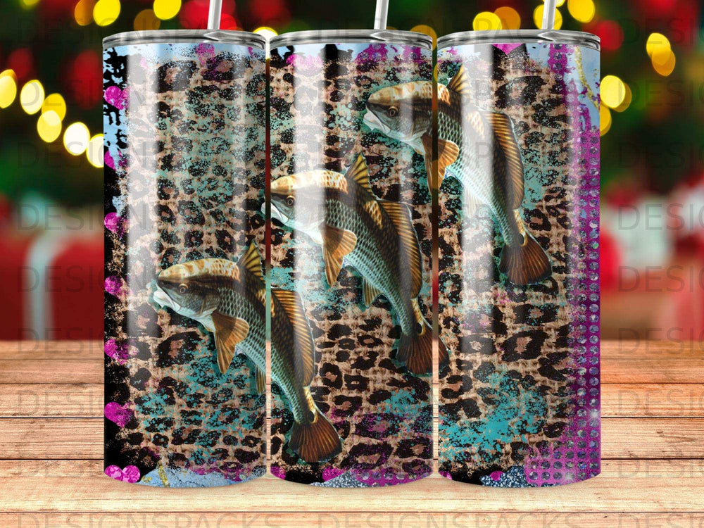 Three tumblers with leopard print, teal splatters, and fish graphics.