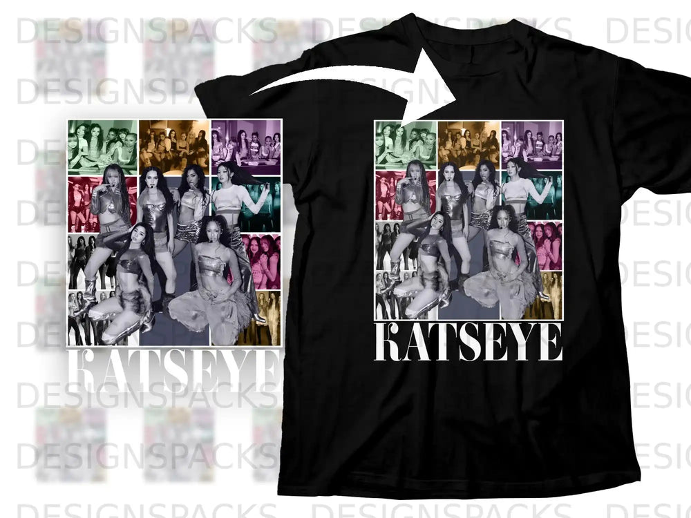 Black t-shirt with "KATSEYE" logo and a collage of women.