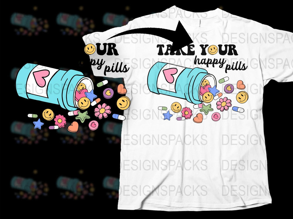 Happy Pills Graphic T-Shirt, Cute Emoji and Flowers Design, Trendy Colorful Tee for All Ages
